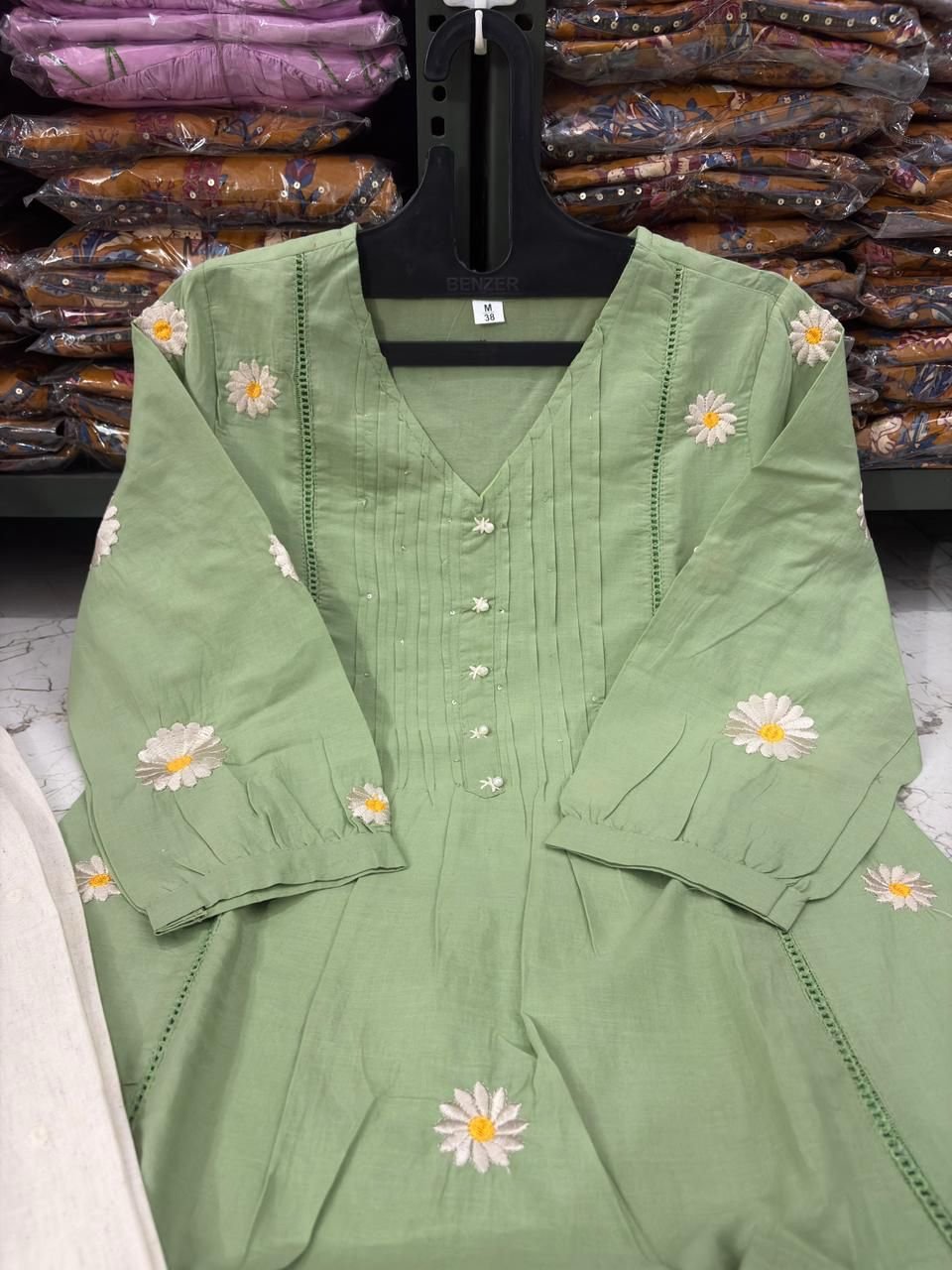 Green Cotton Embroidered Kurti Set with Dupatta